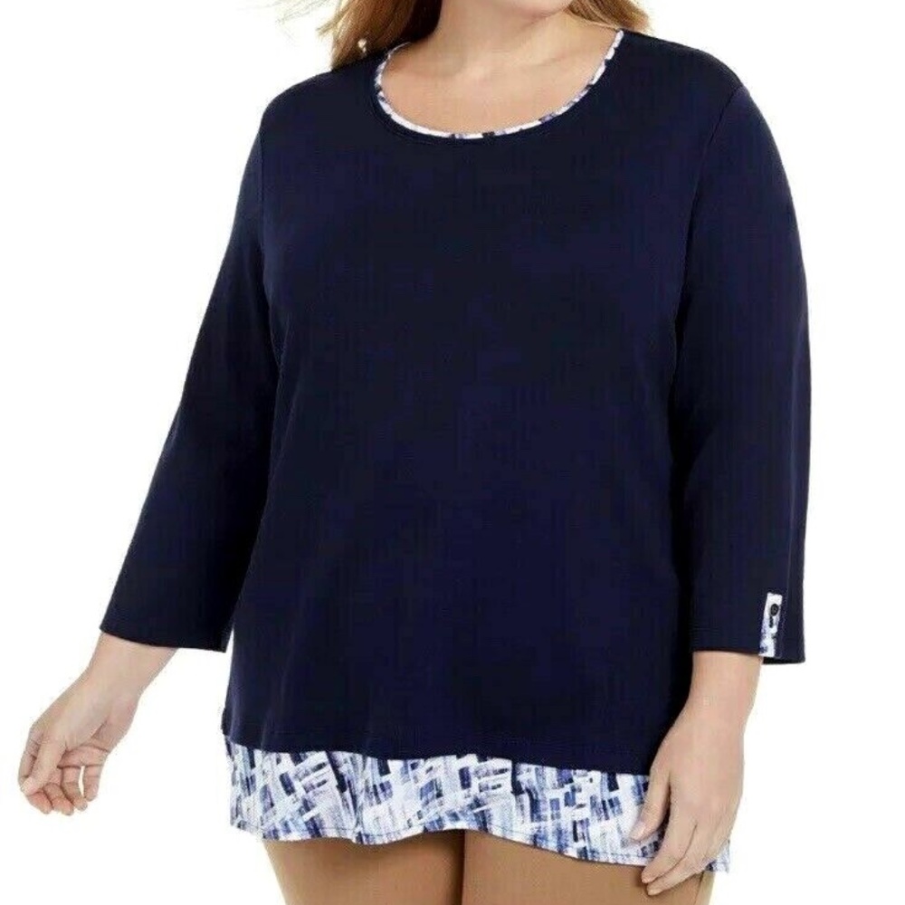 (NWT) Karen Scott Women's Blue Plaid Hem Layered Look 3/4 Sleeve Top Plus Sizes